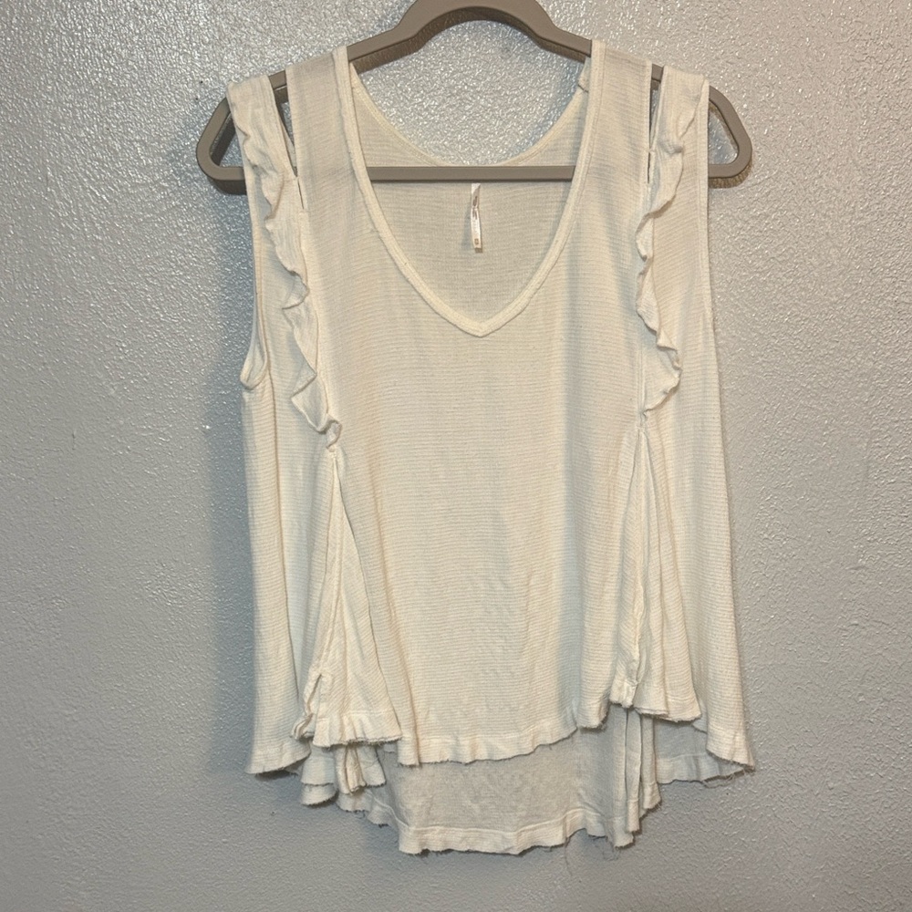 Free People Bondi Ruffle Tank White V Neck Boho Cottagecore Flowy Waffle Knit XS